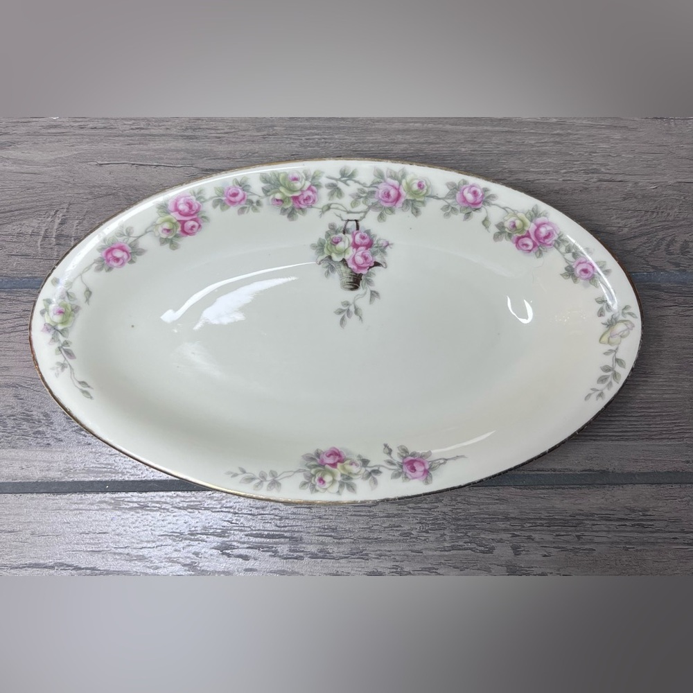 Antique Heinrich & Co. H&C Selb Bavaria 8.5” Oval Bowl Pink Rose w/Gold Trim - Picture 6 of 6